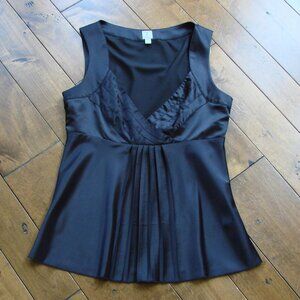 Y2K Black Satin Babydoll Cami Top Tristan Sleeveless Crisscross Pleated Small